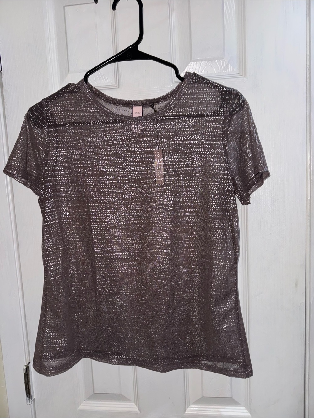 Victoria Secret Metallic Sheer Short-Sleeve Top - Taupe Size S Nwt